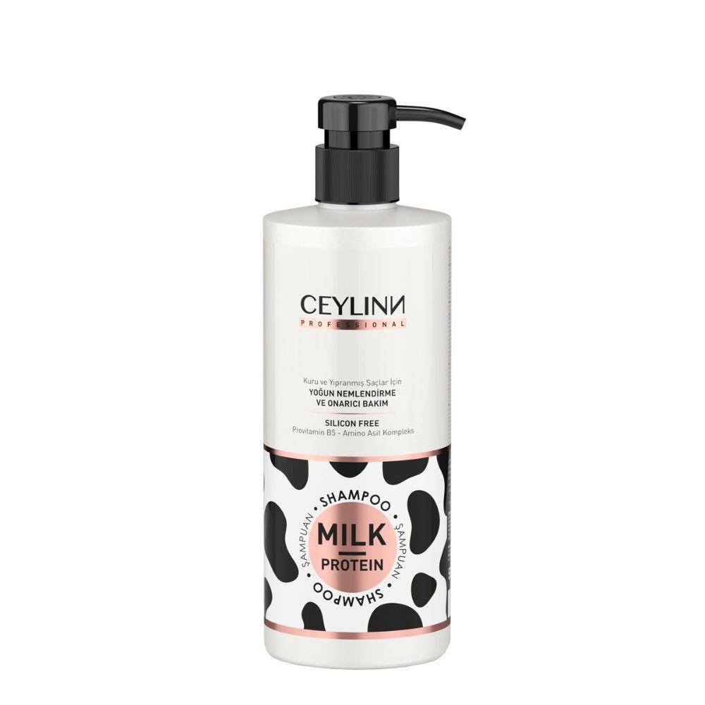 Shampoo-Flasche mit schwarzem Pumpkopf. Aufschrift: Ceylinn Professional, Milk Protein, Silicon Free.