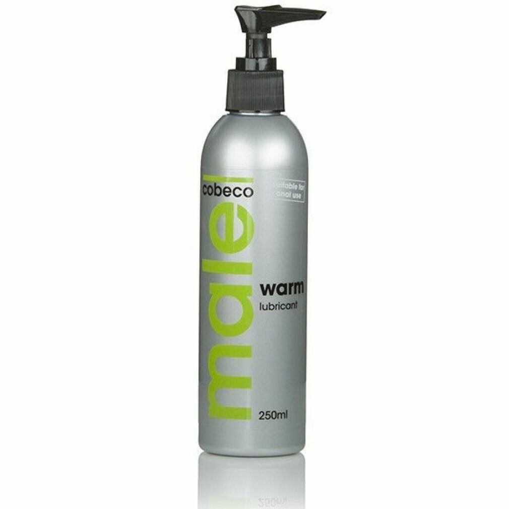 Silberne Flasche mit schwarzem Pumpkopf. Aufschrift: male warm lubricant, 250ml. Marke: Cobeco.