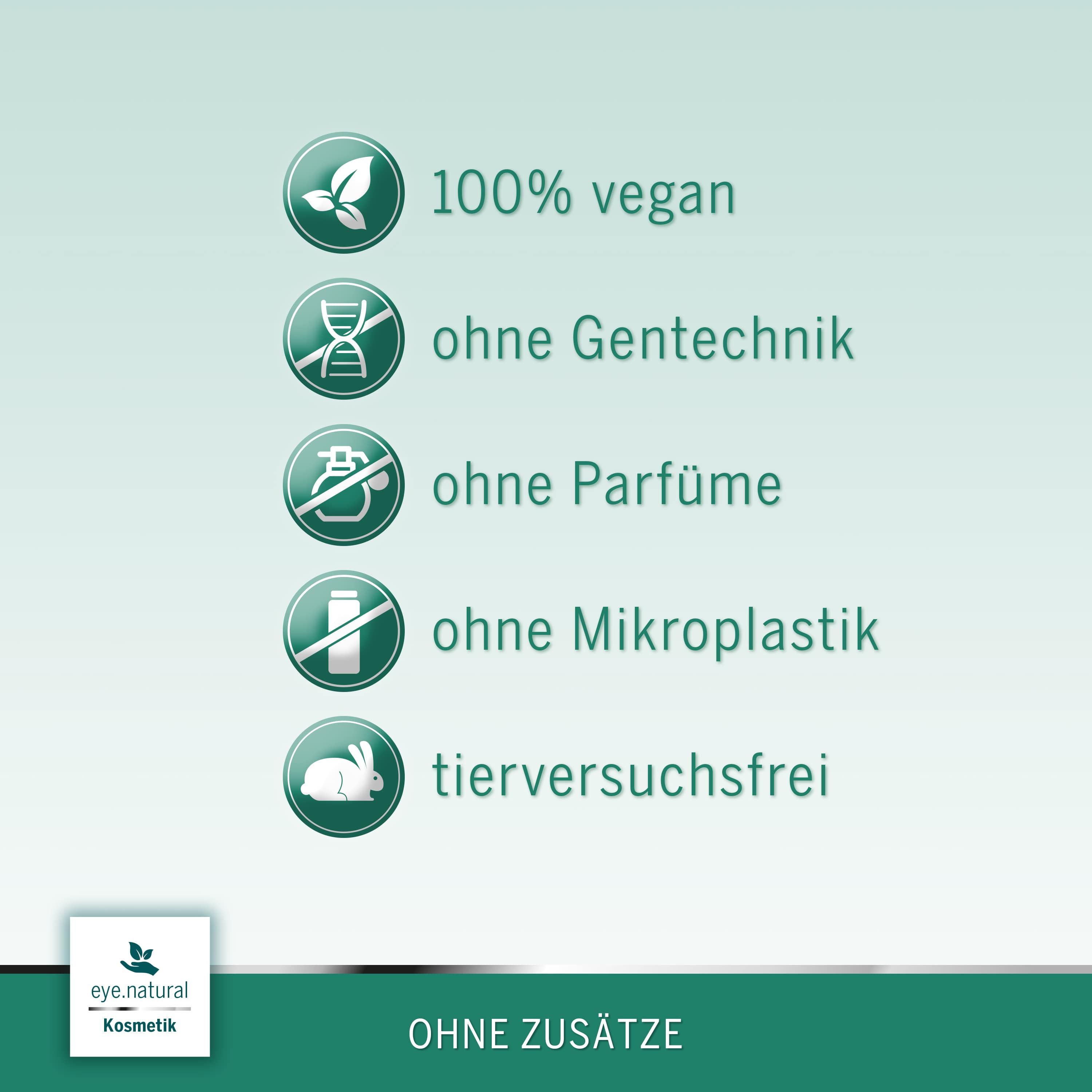 Grafik mit Logos: 100% vegan, ohne Gentechnik, ohne Parfüm, ohne Mikroplastik, tierversuchsfrei. Logo: eye.natural Kosmetik.