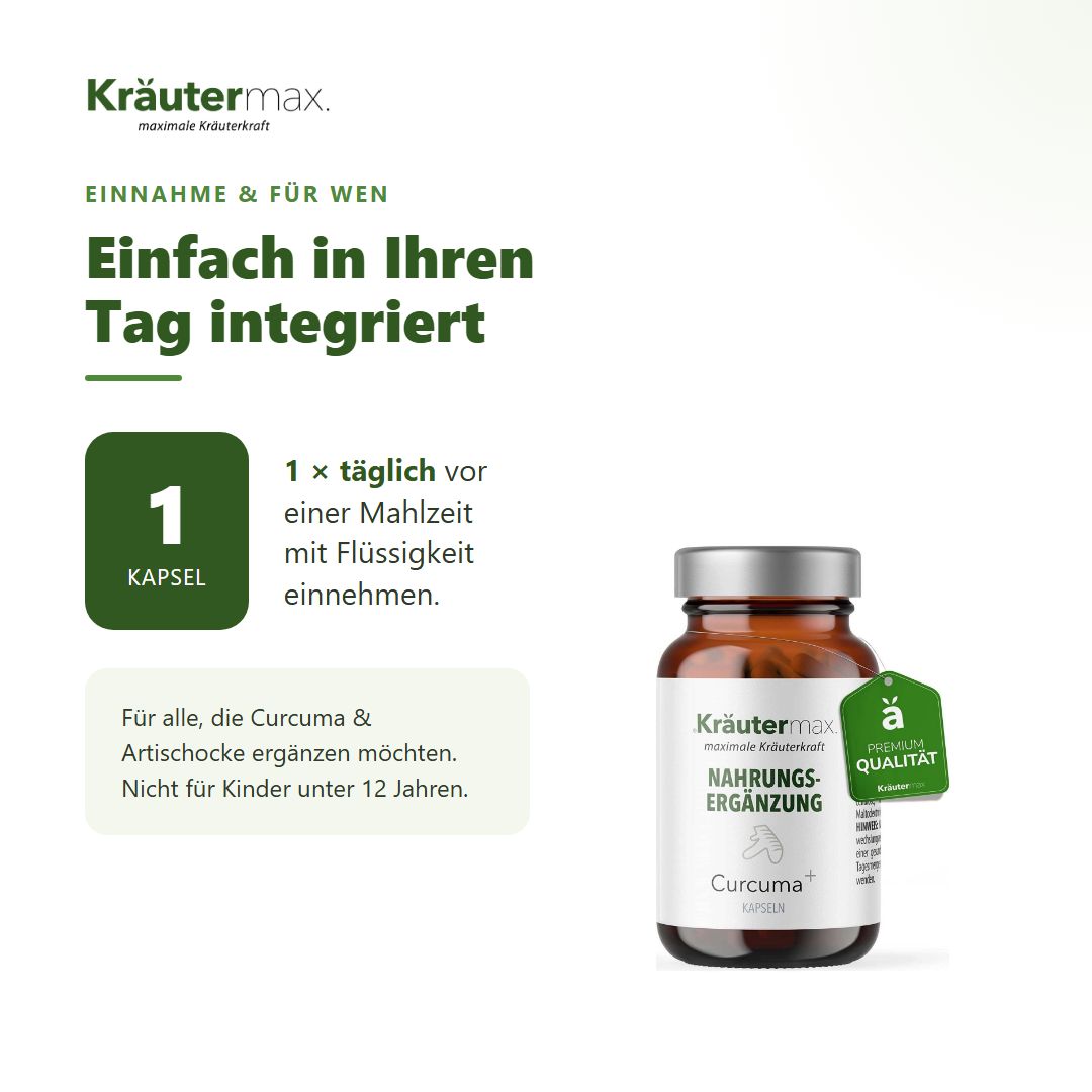 Kräutermax Curcuma & Artischocke Einnahme: 1 Kapsel täglich vor dem Essen mit Flüssigkeit.