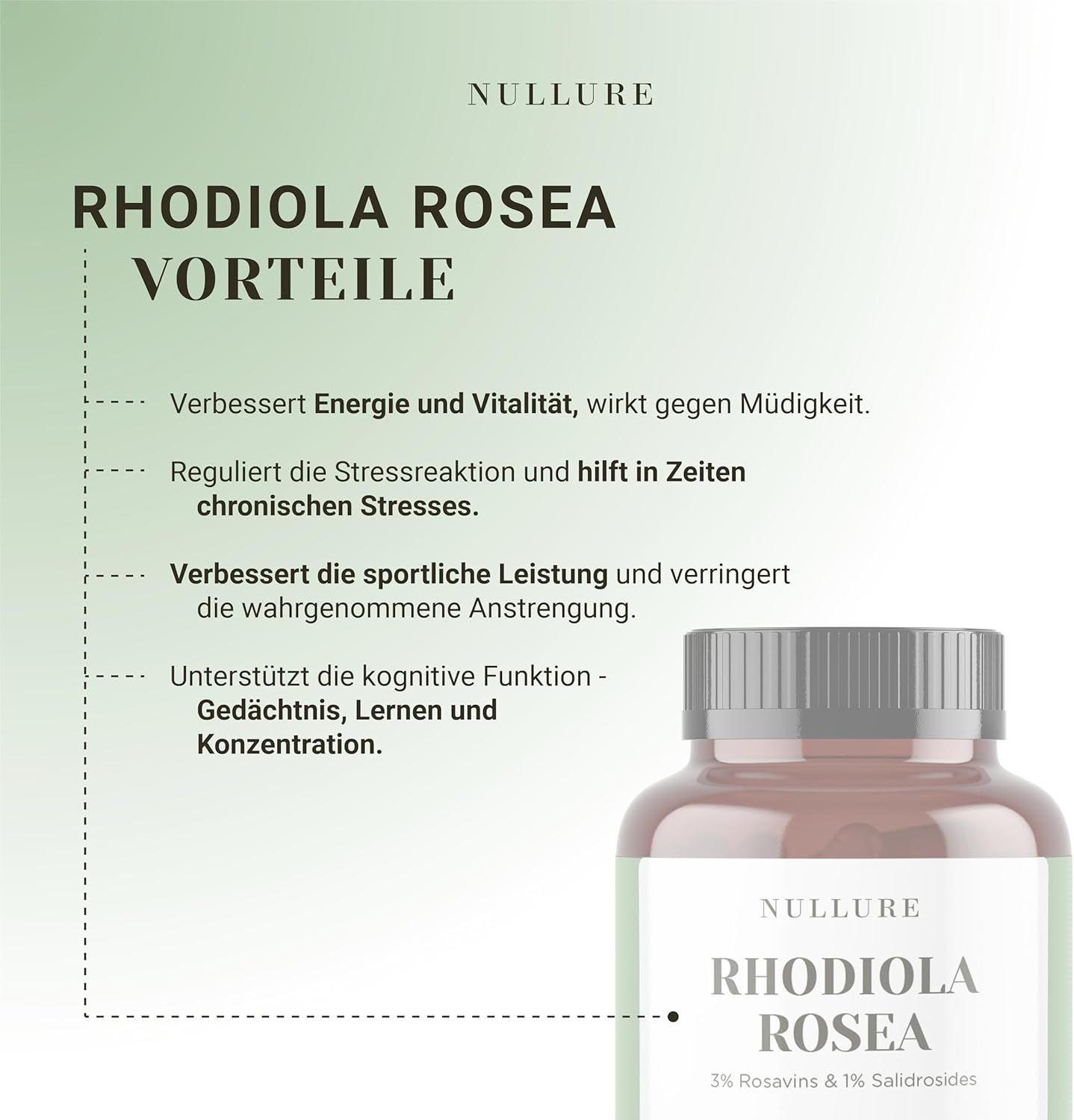 Produktflasche mit Text. Text: Vorteile, verbessert Energie, reguliert Stress, verbessert sportliche Leistung, unterstützt kognitive Funktion.
