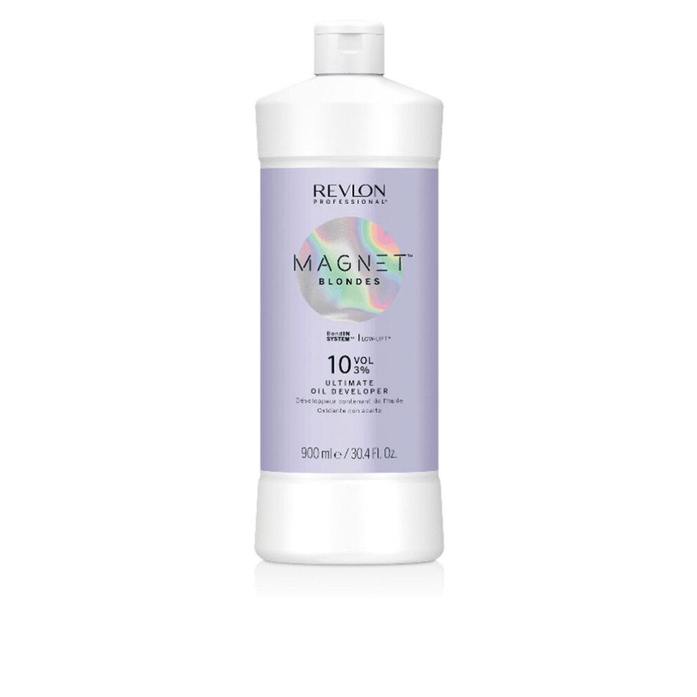 Flasche Revlon Magnet Blondes Developer 10 Vol. Violette Etikett mit Produktnamen und Volumenangabe. 900 ml.