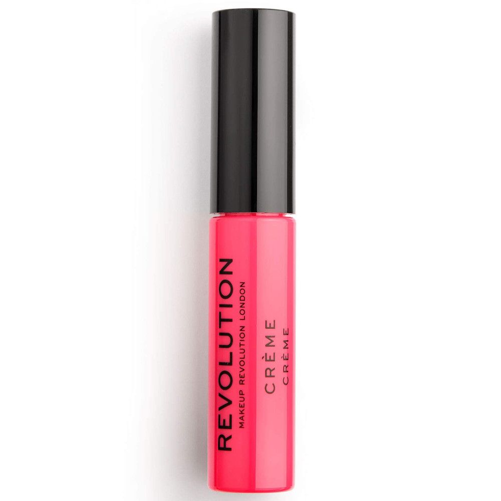 Pinkfarbener Creme-Lippenstift von Makeup Revolution. Schwarzer Deckel. Aufschrift: REVOLUTION, CRÈME.
