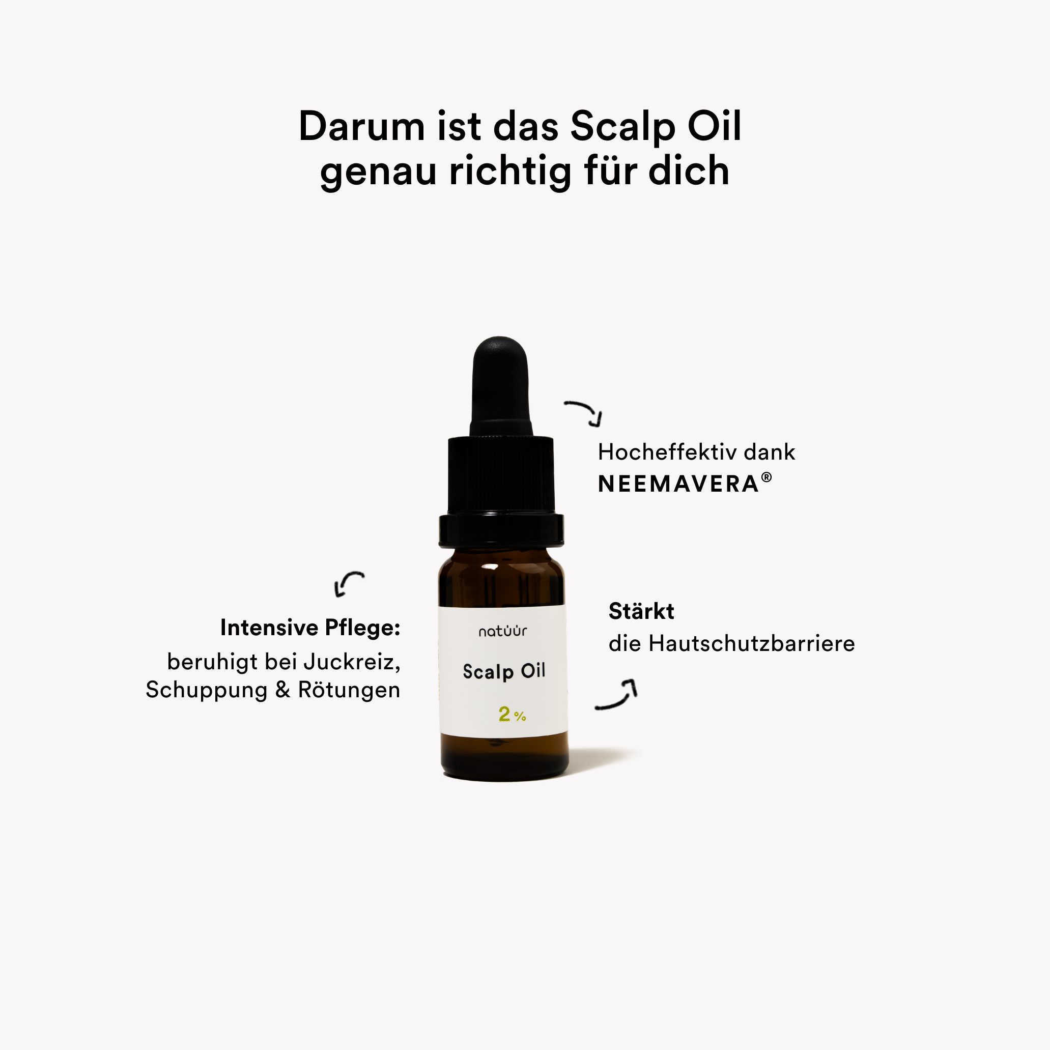 Braune Glasflasche mit schwarzem Deckel und Pipette. Beschriftung: natüür Scalp Oil 2%.