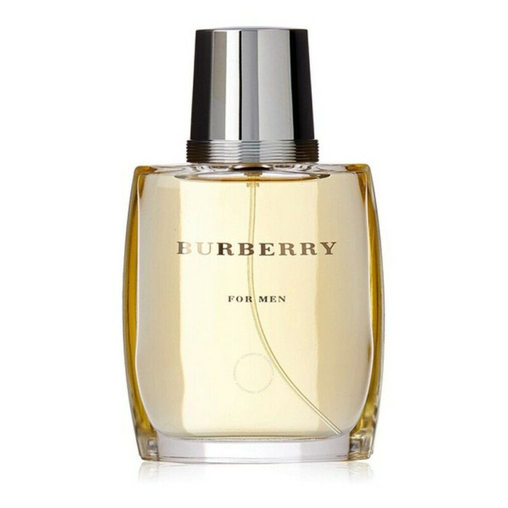Burberry For Men Eau de Toilette Spray. Transparenter Flakon mit silbernem Verschluss. Produktbezeichnung auf dem Flakon.