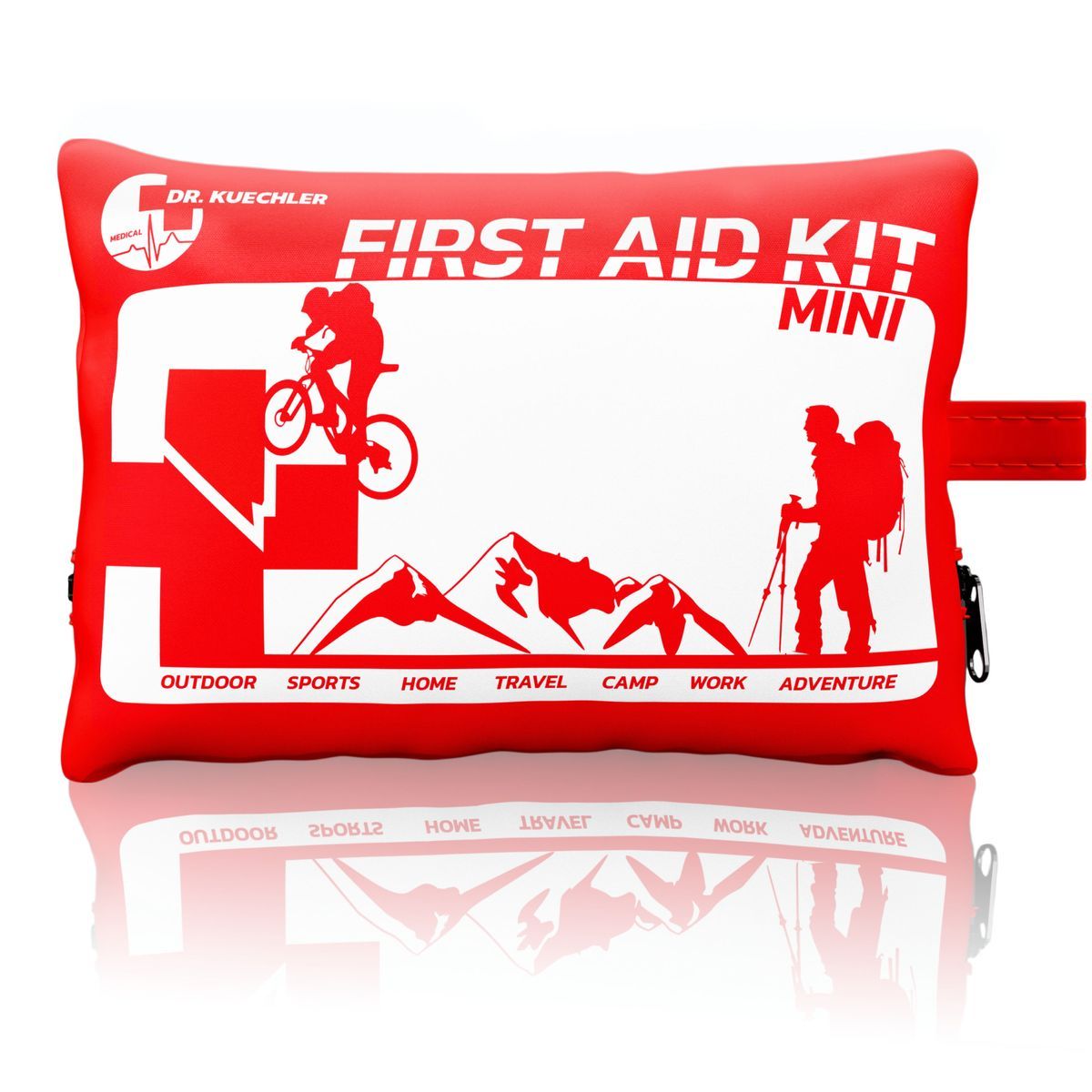 Rote Erste-Hilfe-Tasche mit weißem Aufdruck: „FIRST AID KIT MINI“. Abbildungen von Radfahrer, Wanderer und Berge. Reißverschluss.