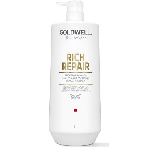 Goldwell Rich Repair Shampoo, weiße Flasche mit Pumpe. Aufschrift: Rich Repair, Restoring Shampoo, 1L.