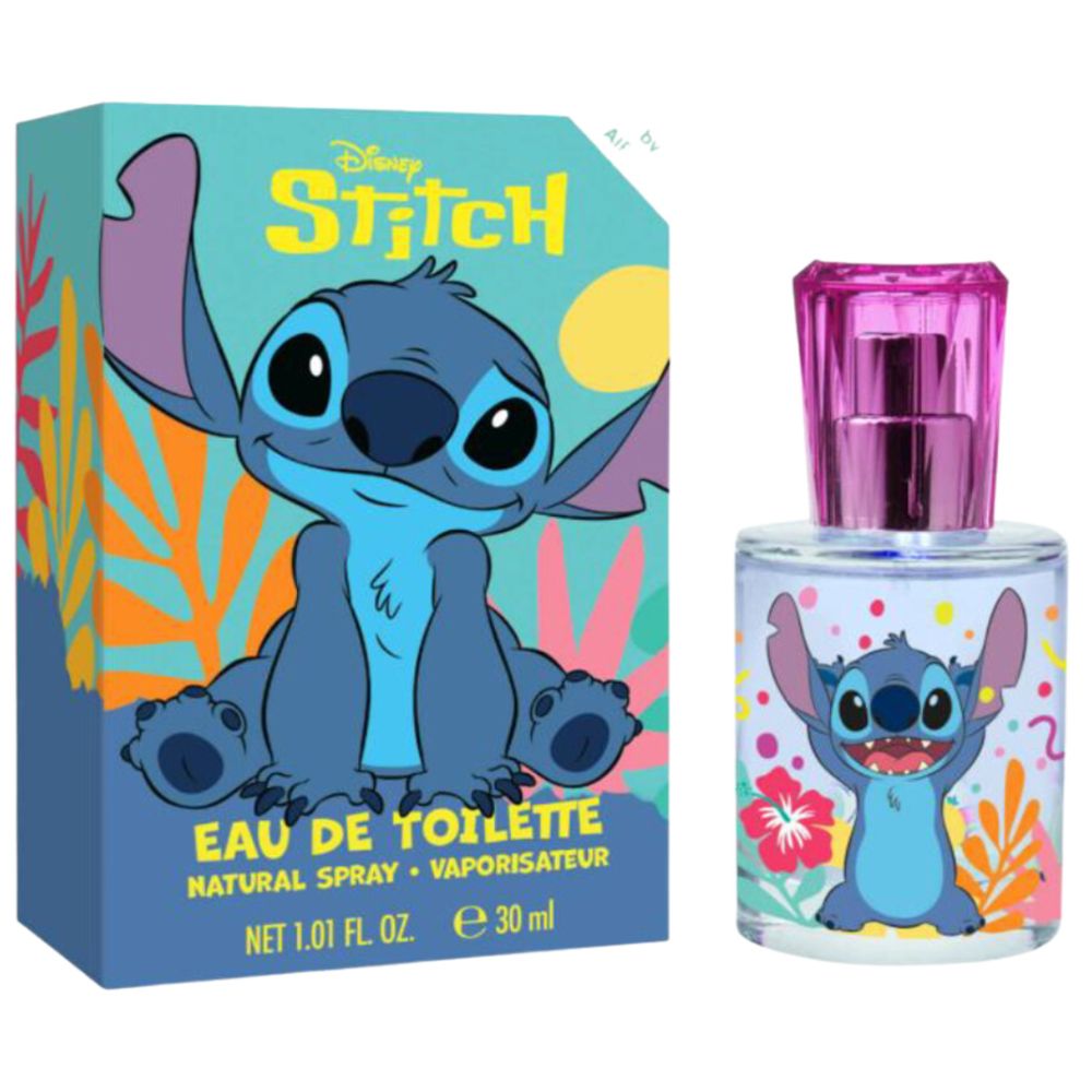 Eau de Toilette mit Stitch-Design. Flakon und Verpackung mit Stitch-Illustration. Rosa Verschlusskappe. Aufschrift: Eau de Toilette.