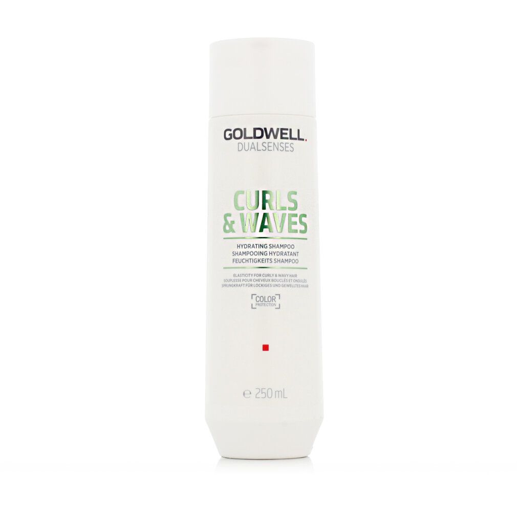 Goldwell Dualsenses Curls & Waves Shampoo. Weiße Flasche mit grünem Text. Enthält 250ml. Color-Schutz-Logo.