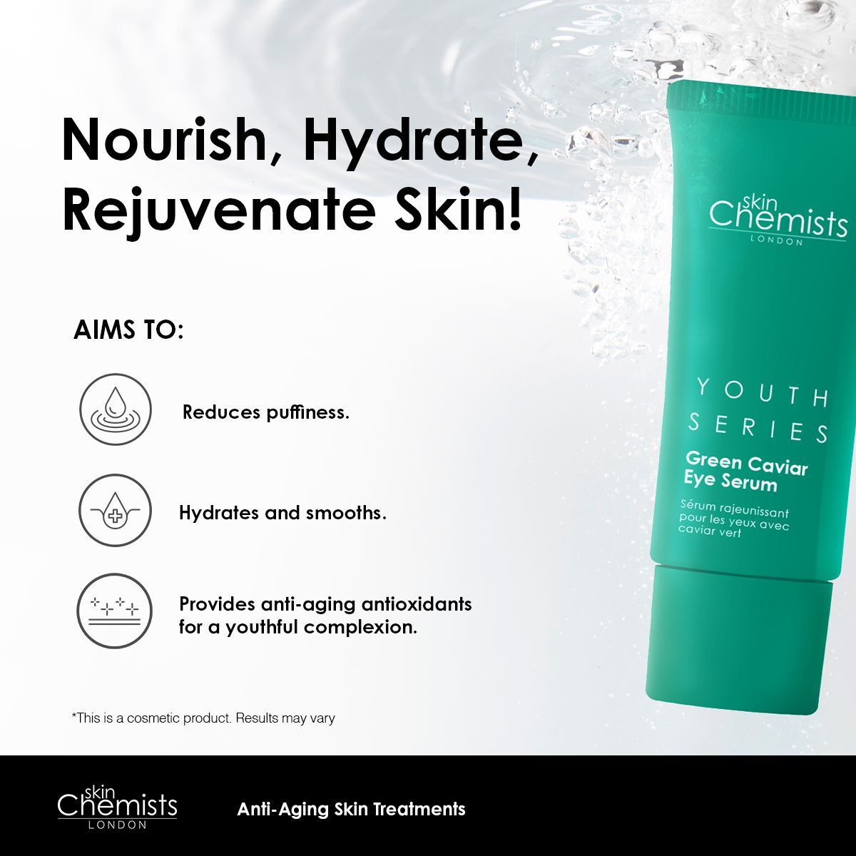 Grüne Tube SkinChemists Jugendserie Grünes Kaviar Augenserum. Aufschrift: Youth Series, Green Caviar Eye Serum. Text: Nourish, Hydrate, Rejuvenate Skin!