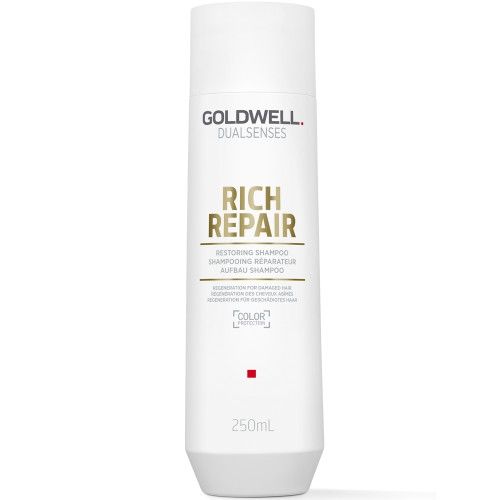 Weiße Flasche mit Goldwell Rich Repair Shampoo. Text: Restoring Shampoo, 250ml. Farb-Schutz-Logo.