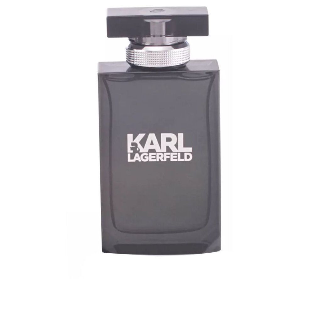Schwarzer Flakon von Karl Lagerfeld Pour Homme Eau De Toilette. Silberner Verschluss und Markenlogo.