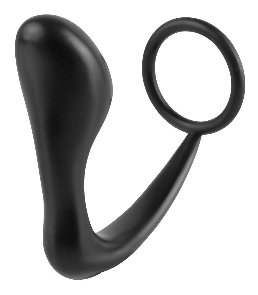 Schwarzer Penisring mit integriertem Analstimulator. Besteht aus einem Ring und einem gebogenen Teil.