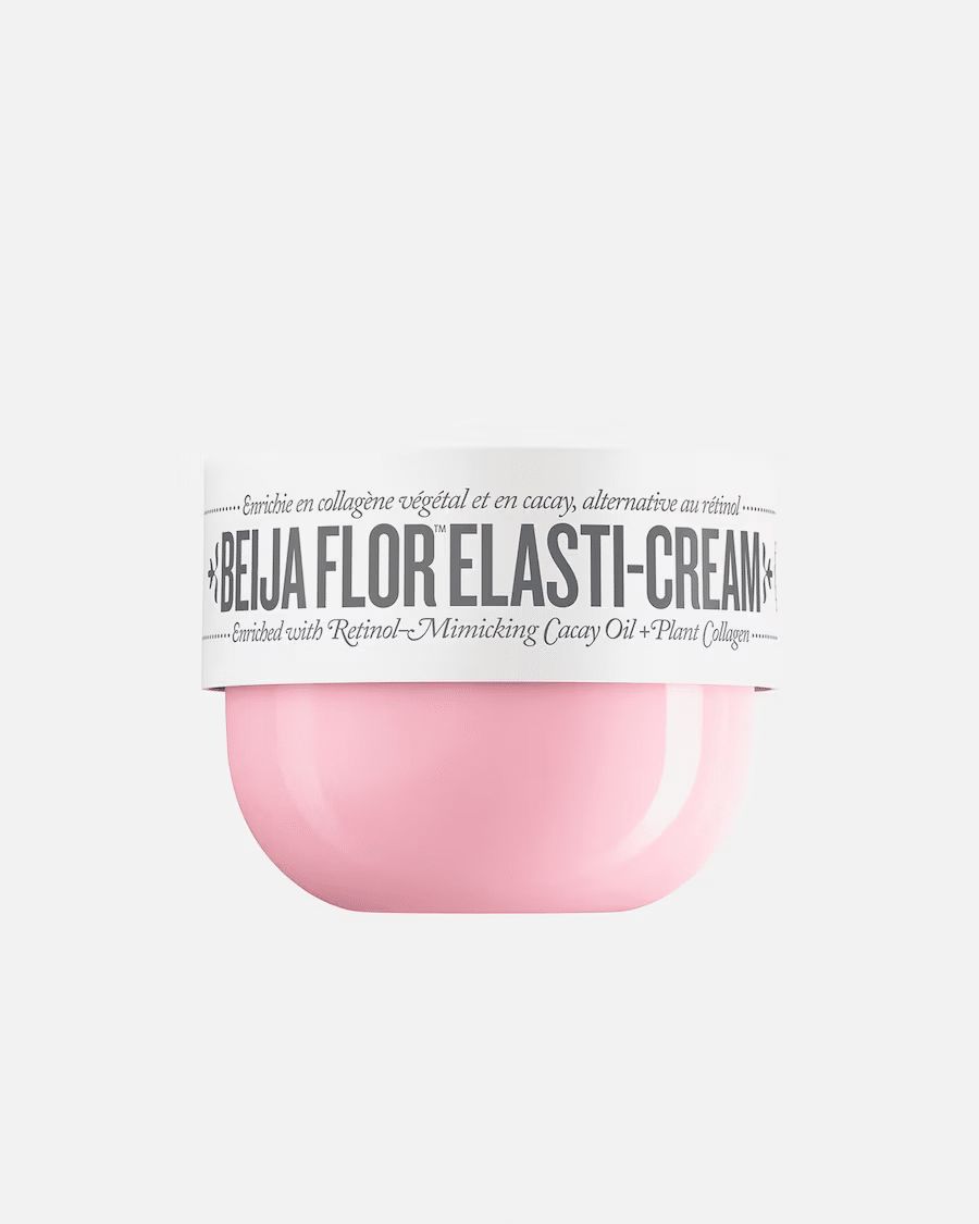 Rosa Cremebehälter mit weißem Etikett. Auf dem Etikett steht "BEIJA FLOR ELASTI-CREAM".