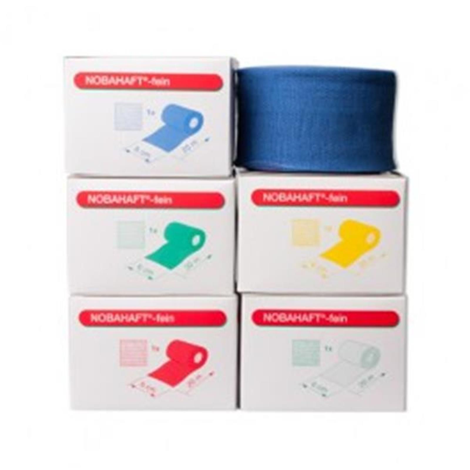Mehrere Kartons mit farbigen Bandagen. Oben ein blaues Bandagenrolle. Auf den Kartons sind farbige Bandagen abgebildet.
