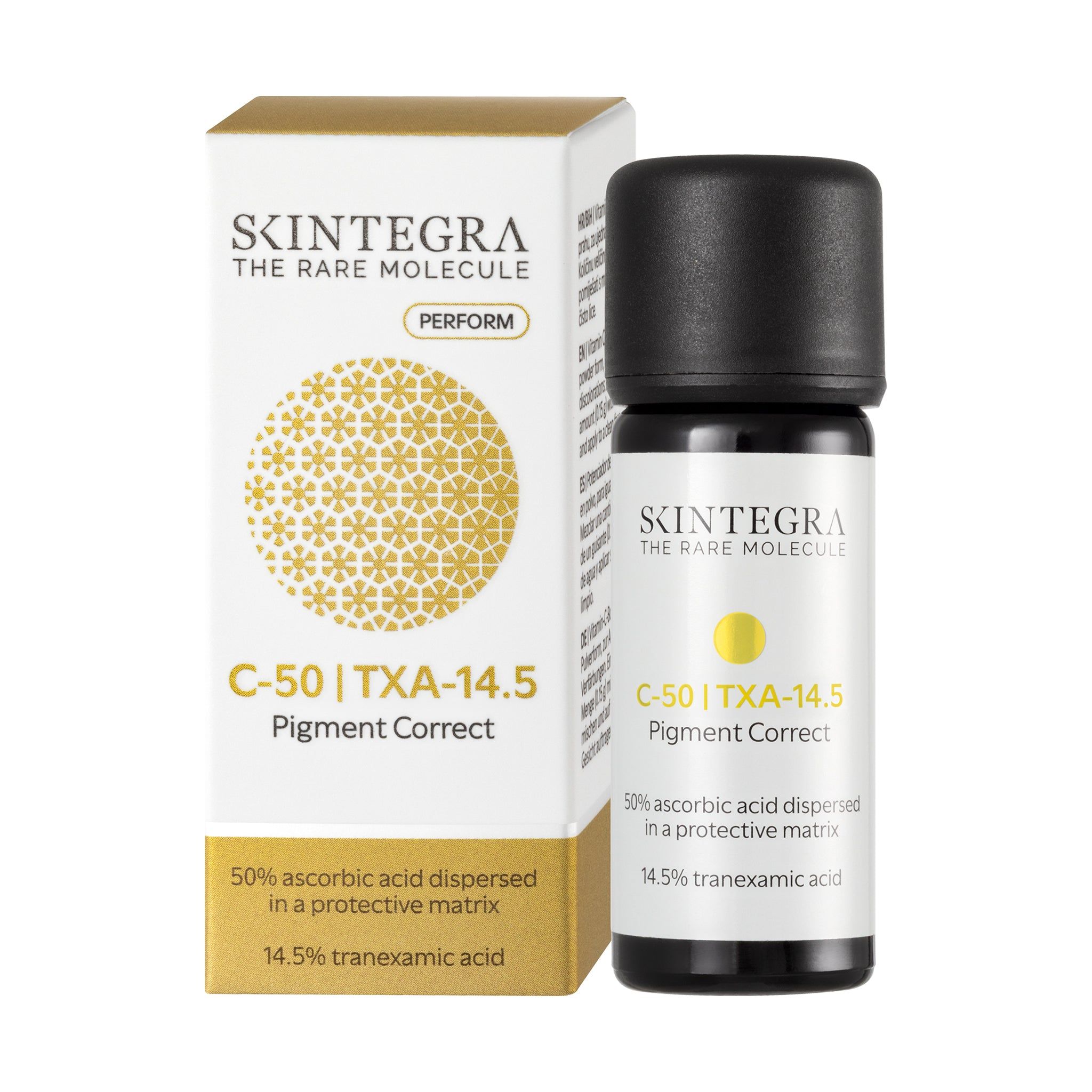 Skారా Integra C-50 | TXA-14.5 Pigment Correct Serumflasche und Verpackung.
