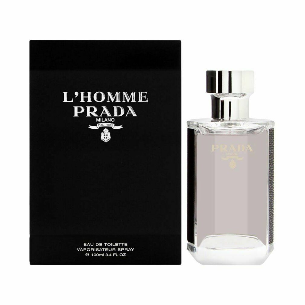 Prada L'Homme Eau de Toilette Flakon und Verpackung. Schwarze Verpackung mit Logo. Transparenter Flakon mit silbernem Verschluss.