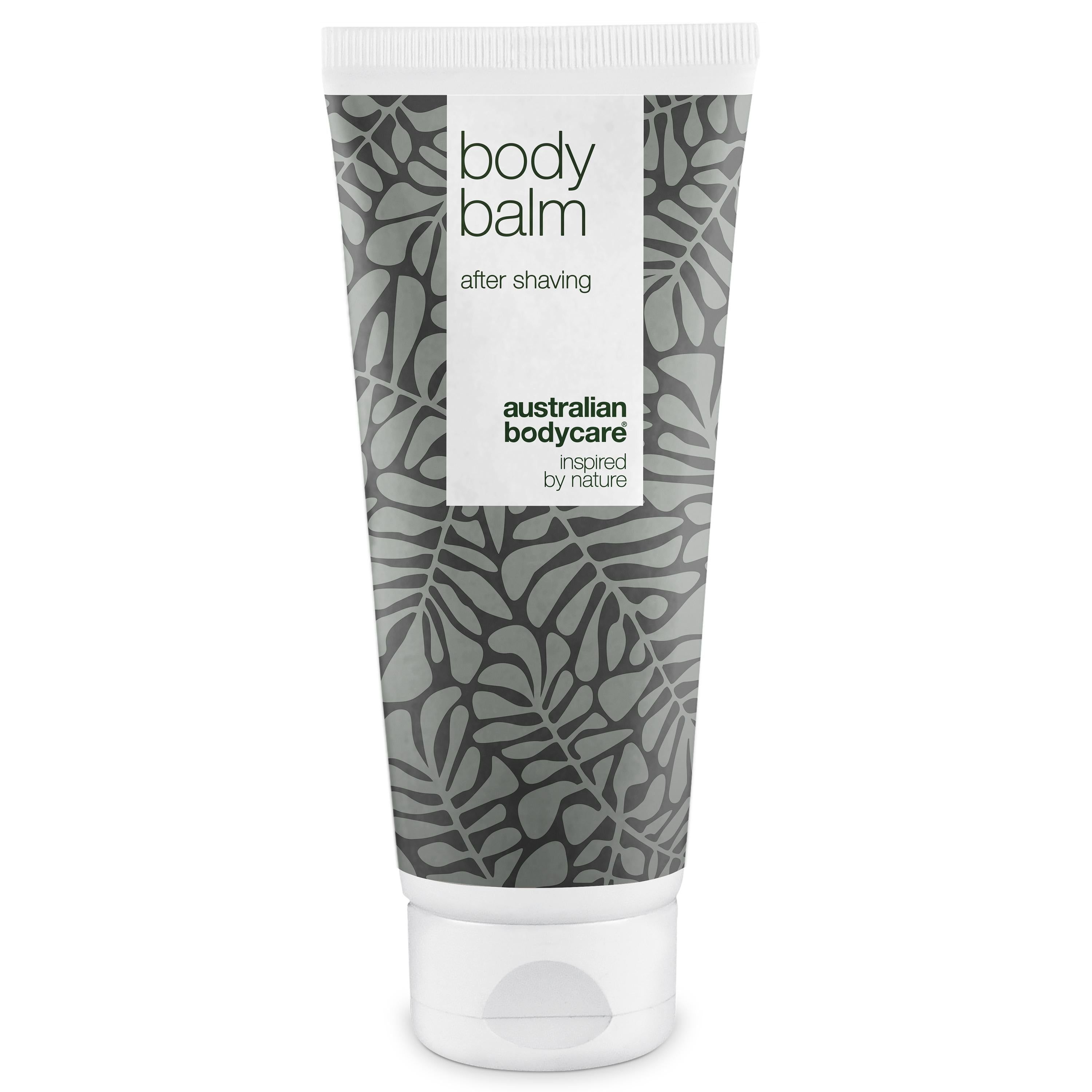 Tube mit After Shave Balsam. Weißer Deckel, graues Blattmuster. Aufschrift: Body Balm, After Shaving, Australian Bodycare.