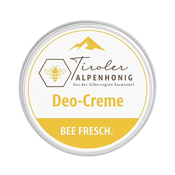 Runde Dose mit Deckel. Aufschrift: Deocreme, BEE FRESCH. Logo: Biene und Berge.