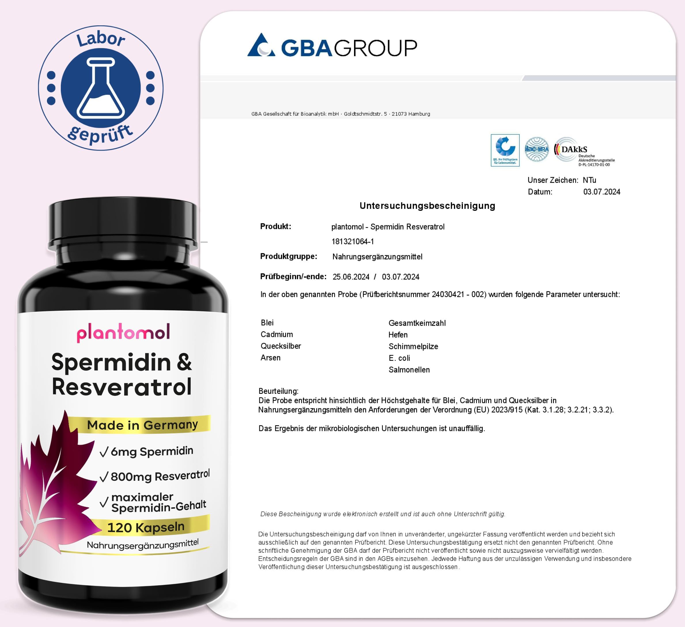 Produktflasche mit Laborzertifikat. Aufschrift: plantomol Spermidin & Resveratrol. 120 Kapseln. GBA-geprüft.
