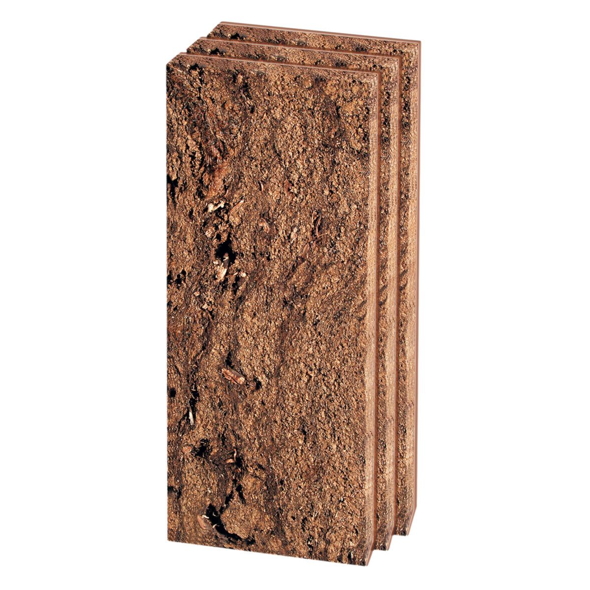 Drei rechteckige Torfplatten, braun. Vertikale Anordnung, leicht versetzt. Oberfläche mit sichtbarer Struktur.