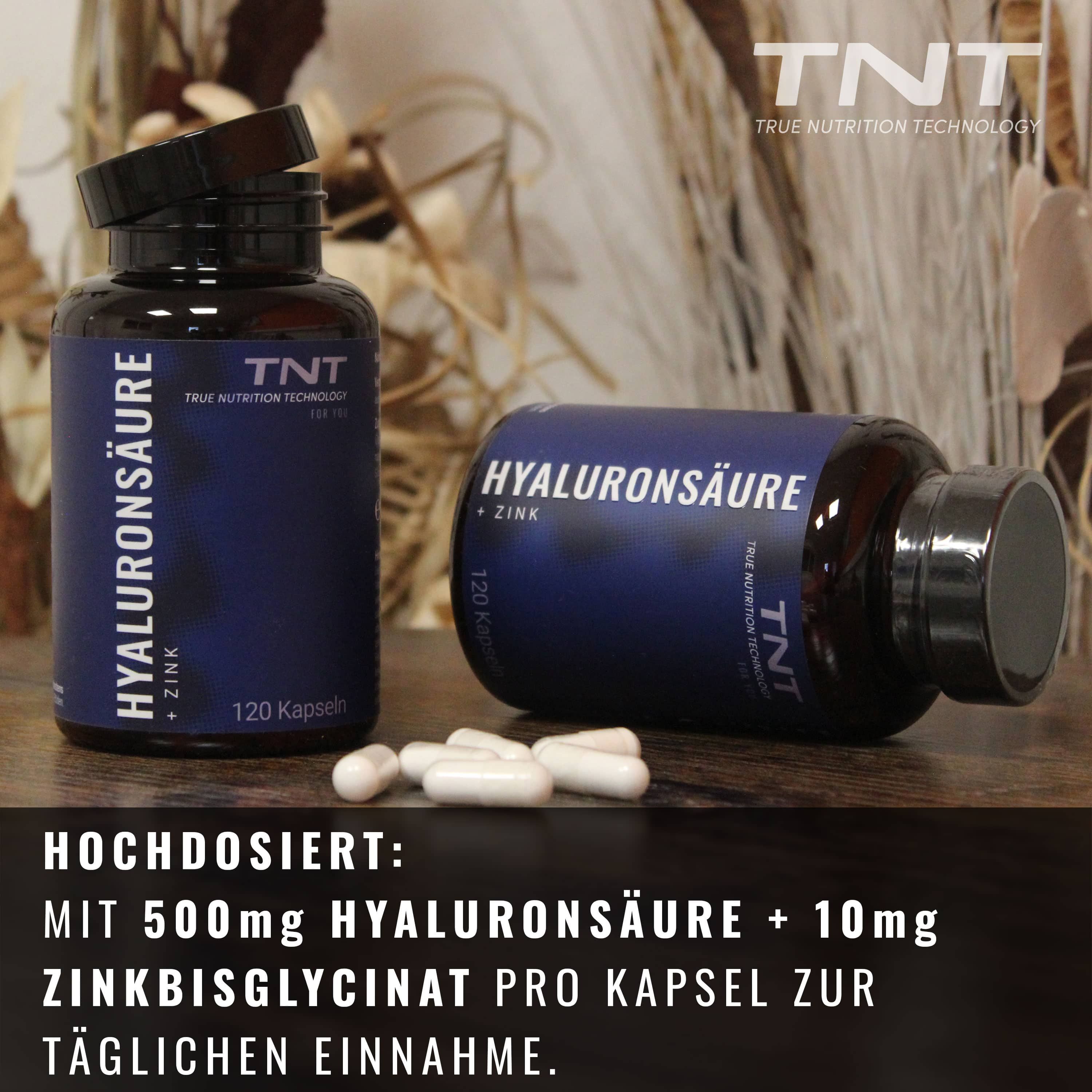 Braune Flaschen mit Kapseln. Aufschrift: Hyaluronsäure + Zink. Marke: TNT. 120 Kapseln.