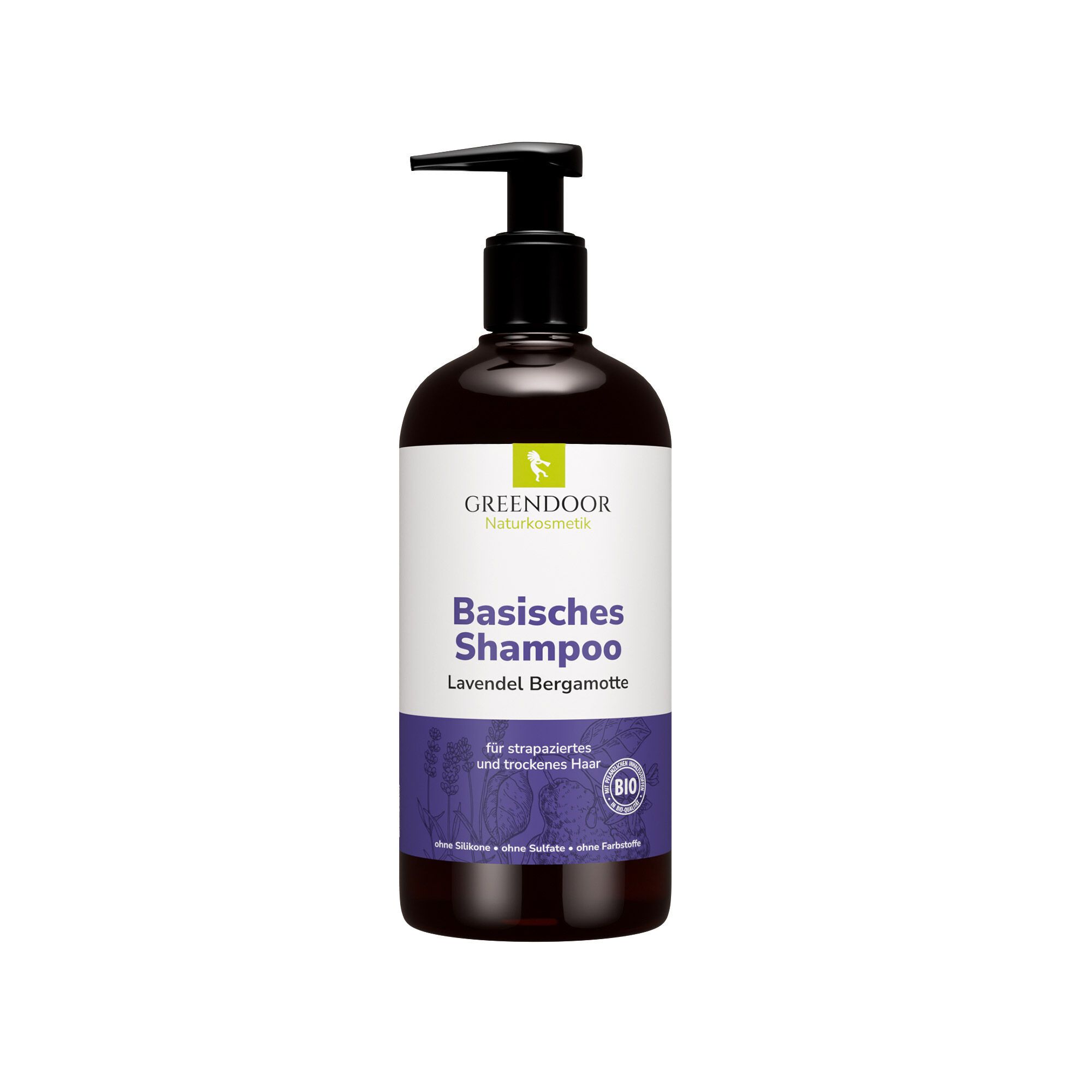 Braune Shampoo-Flasche mit schwarzem Pumpkopf. Aufschrift: GREENDOOR, Basisches Shampoo Lavendel Bergamotte. Bio-Siegel.