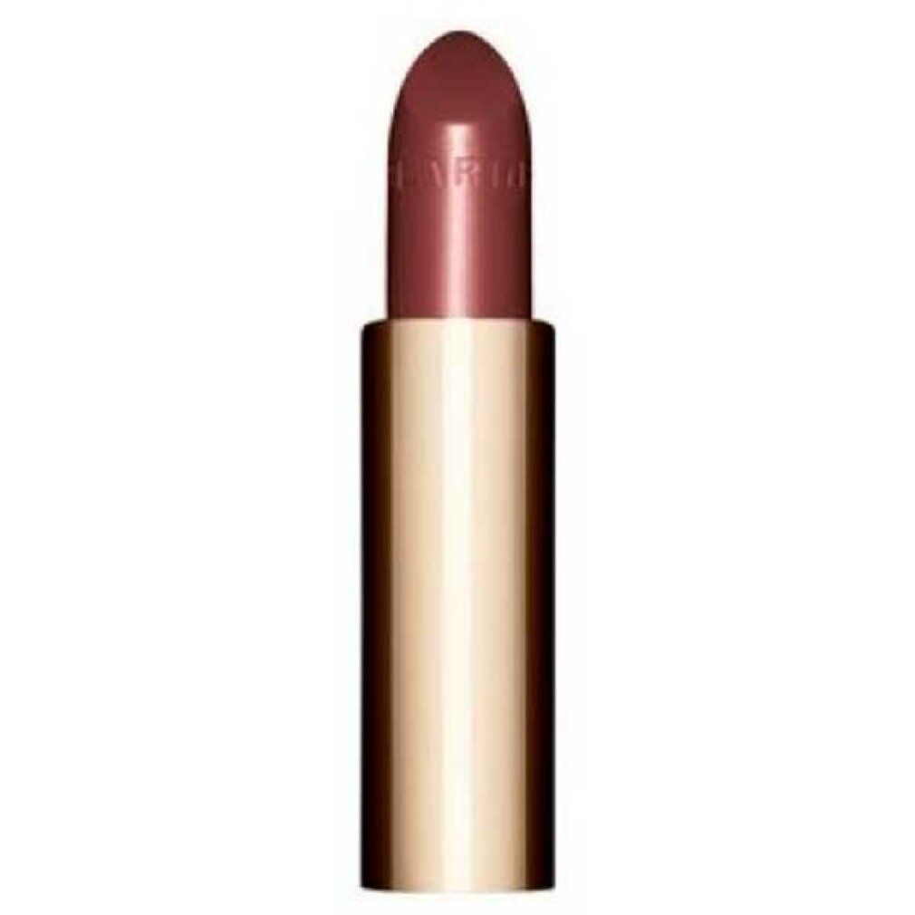 Lippenstift in Goldhülse. Der Lippenstift hat eine dunkle, rosafarbene Farbe. Auf dem Lippenstift ist der Markenname eingraviert.