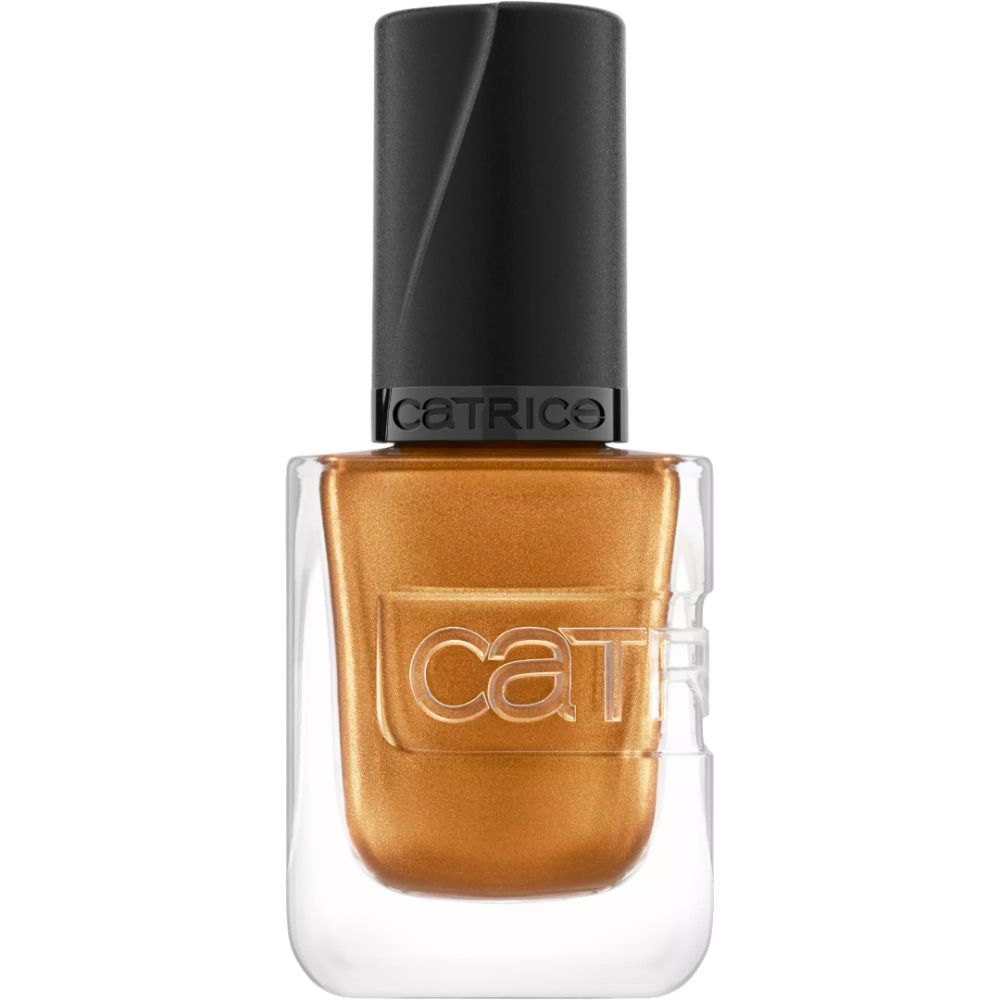 Nagellackflasche mit schwarzem Deckel. Goldfarbener Nagellack. Auf der Flasche steht "Catrice".