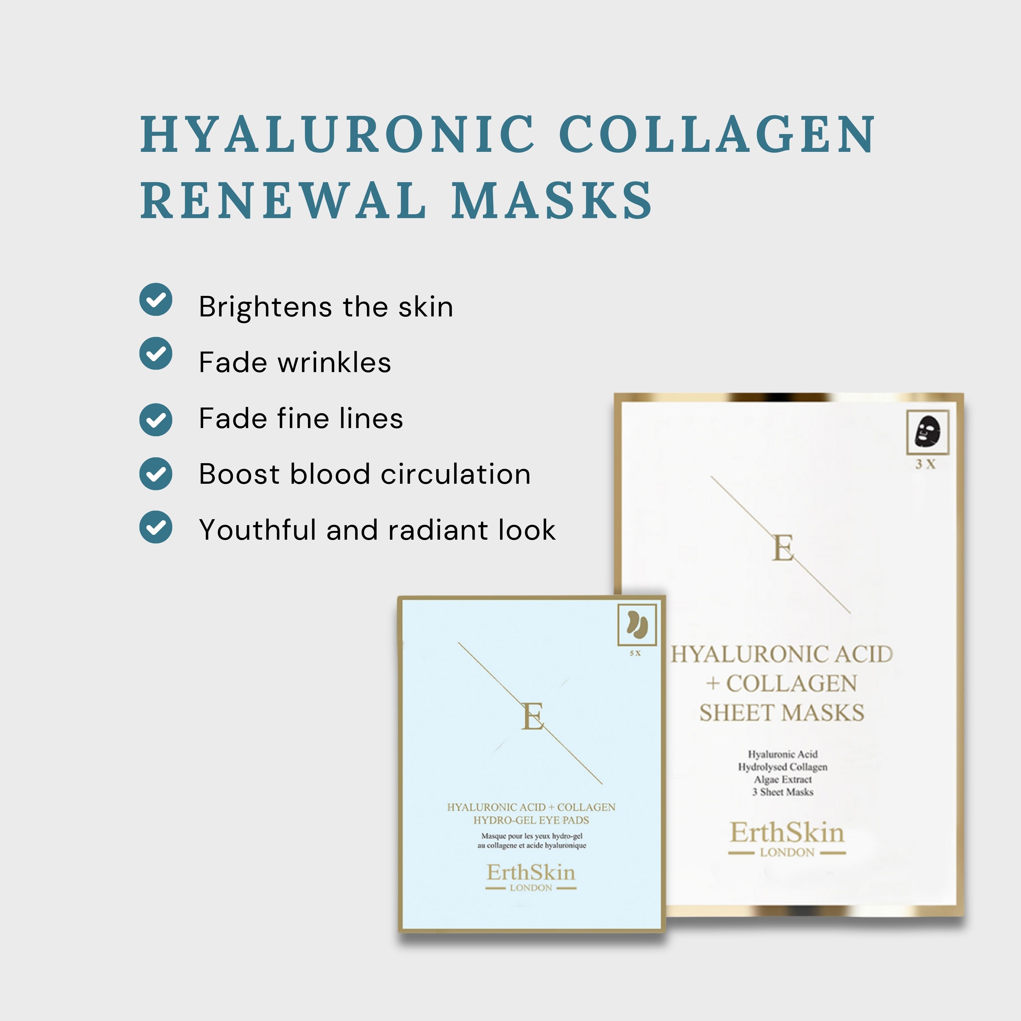 Zwei Packungen: Augenpads und Gesichtsmasken. Aufschrift: Hyaluronsäure + Kollagen. Marke: ErthSkin London. Text über Vorteile.