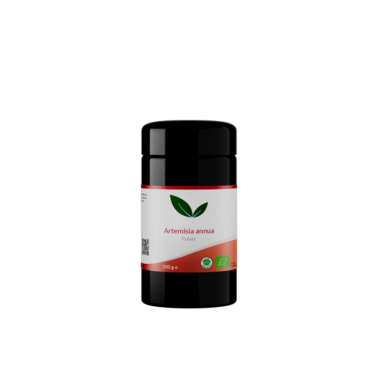Schwarzer Behälter mit Artemisia annua Pulver. Enthält Bio-Siegel und 100g Angabe.