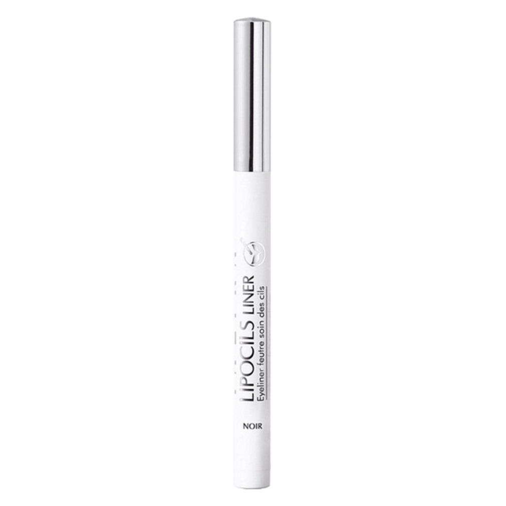 Schwarzer Eyeliner mit feiner Spitze. Weißer Stift mit silberner Kappe. Aufschrift: LIPOCILS LINER, NOIR.