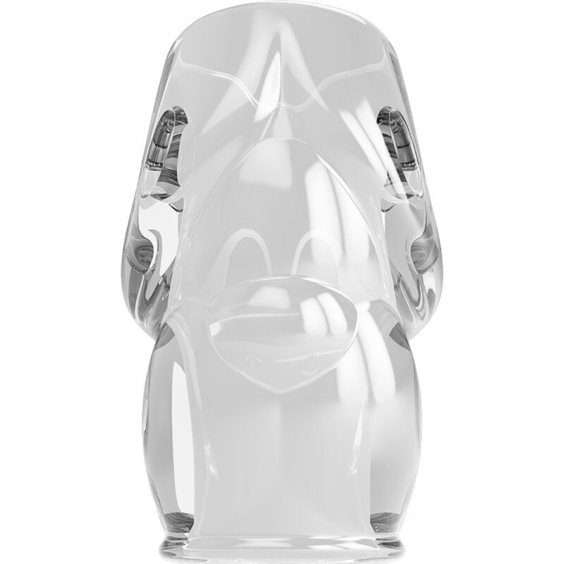 Transparentes Produkt mit Löchern. Geformt für den Intimbereich. Aus klarem Material.