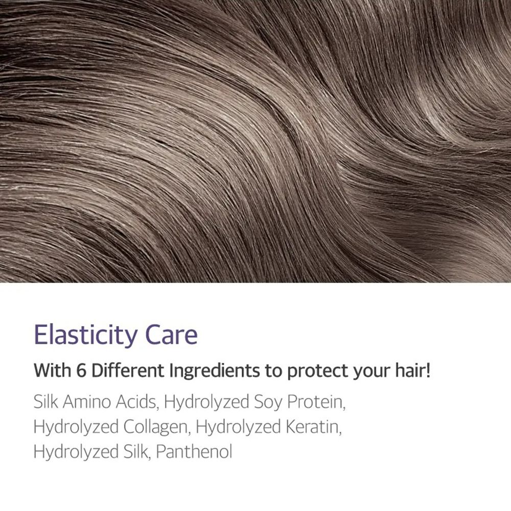 Nahaufnahme von Haarsträhnen. Text: "Elasticity Care". Enthält Seidenaminosäuren, hydrolysiertes Sojaprotein, Kollagen, Keratin, Panthenol.