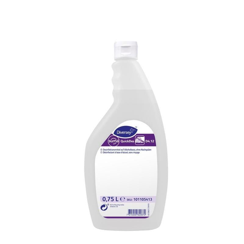 Weiße Flasche mit Sprühkopf. Aufkleber mit Produktnamen Suma QuickDes D4.12 und Diversy-Logo. 0,75 L.