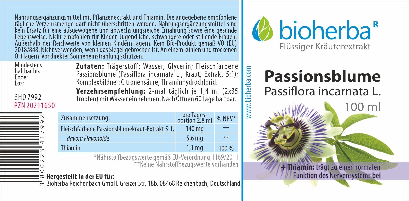 Etikett mit Produktinformationen. Enthält Angaben zu Inhaltsstoffen, Dosierung und Hersteller. Marke: Bioherba.