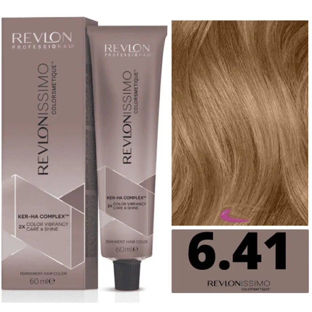 Haarfarbe Revlon Revlonissimo Colorsmetique 66,60. Tube und Verpackung. Farbton 6.41. Haarsträhne in Hellbraun.