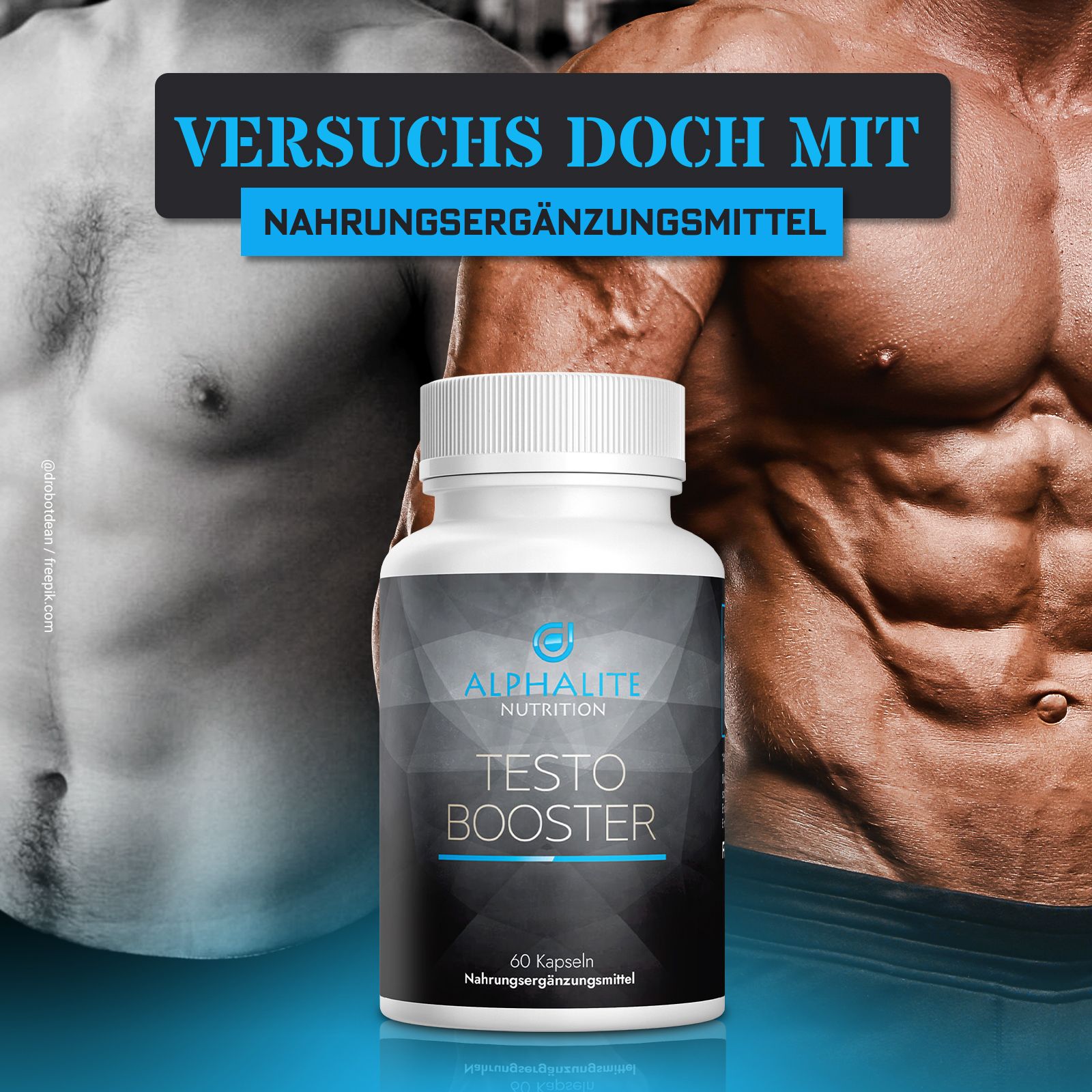 Weiße Flasche mit Alphalite Nutrition Testo Booster. Aufschrift: 60 Kapseln Nahrungsergänzungsmittel. Hintergrund: muskulöser Mann.