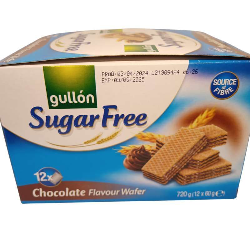 Gullon Sugar Free Waffeln, Schokoladengeschmack. Karton mit Produktabbildung. Enthält 12 Waffeln. Quelle für Ballaststoffe.