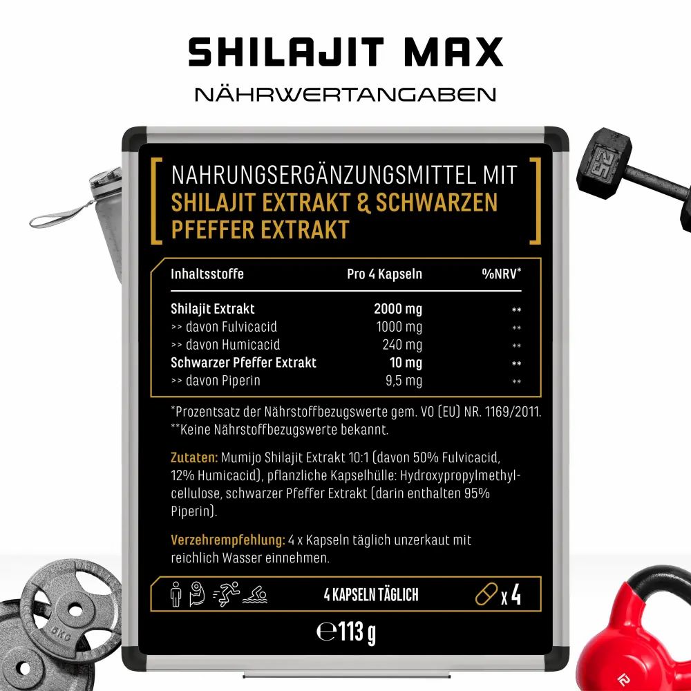 Nährwertangaben Shilajit Max. 4 Kapseln täglich. 2000mg Shilajit Extrakt, 10mg Schwarzer Pfeffer Extrakt. 113g.