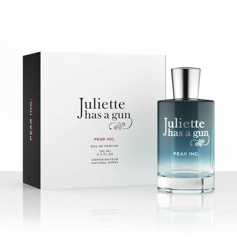 Parfümflakon und Verpackung. Flakon mit blau-grünem Farbverlauf. Aufschrift: Juliette has a gun, Pear Inc.