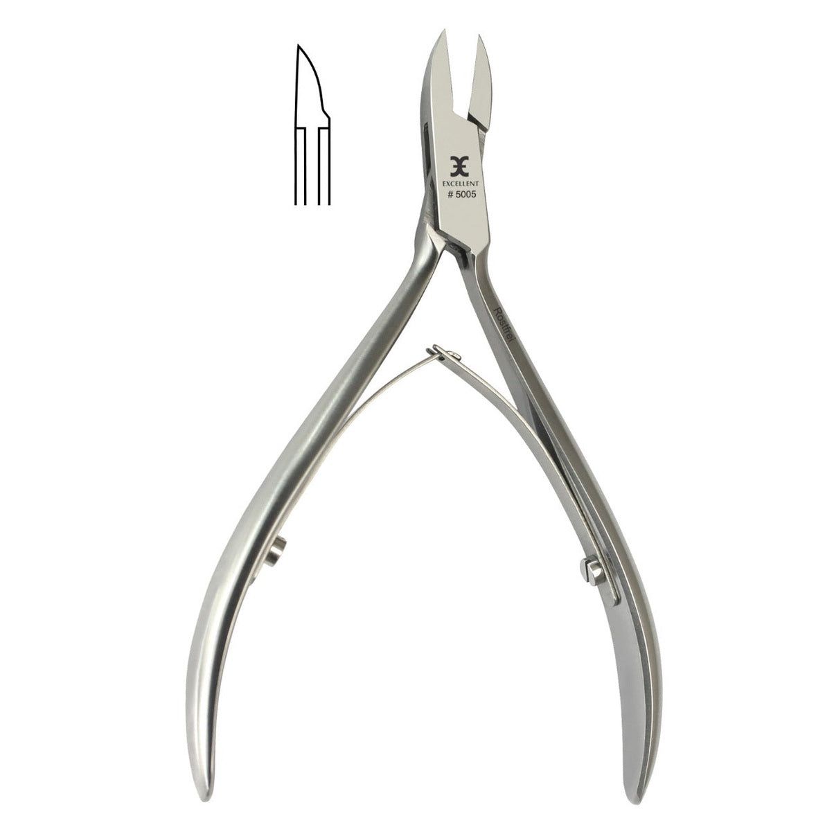 Nagelzange aus Metall. Schlanke Schneide. Zeichnung der Schneideform. Marke und Modellnummer sichtbar.