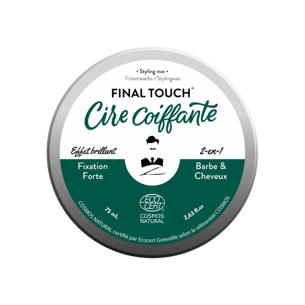 Runde Dose mit grün-weißem Etikett. Aufschrift: FINAL TOUCH Cire Coiffante, 2-en-1 Barbe & Cheveux. Enthält 75 ml. ECOCERT-Zertifizierung.