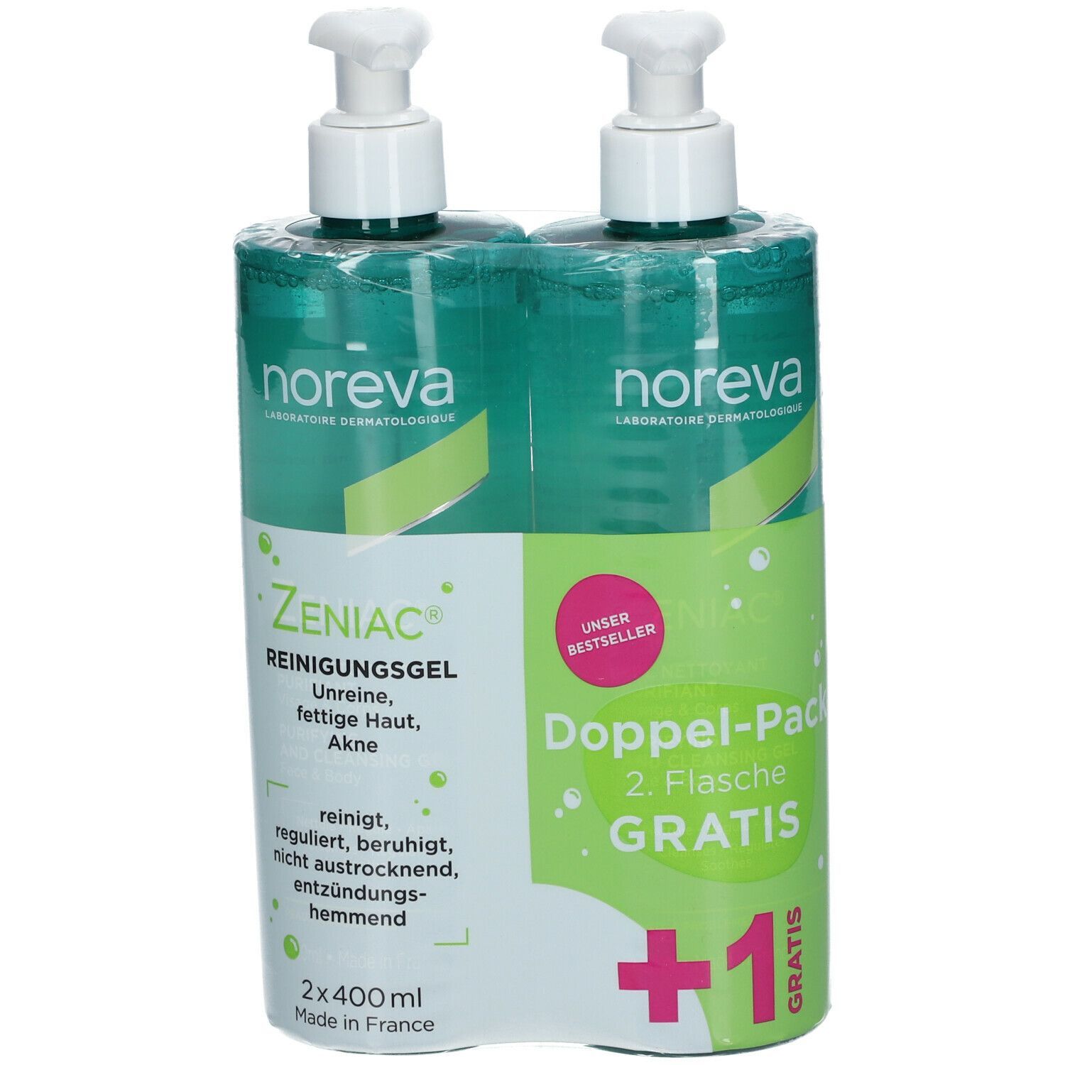 Doppelpack noreva Zeniac Reinigungsgel. Zwei Flaschen mit Pumpverschluss, in Folie verpackt. Aufdrucke: Zeniac, Doppel-Pack, Gratis.