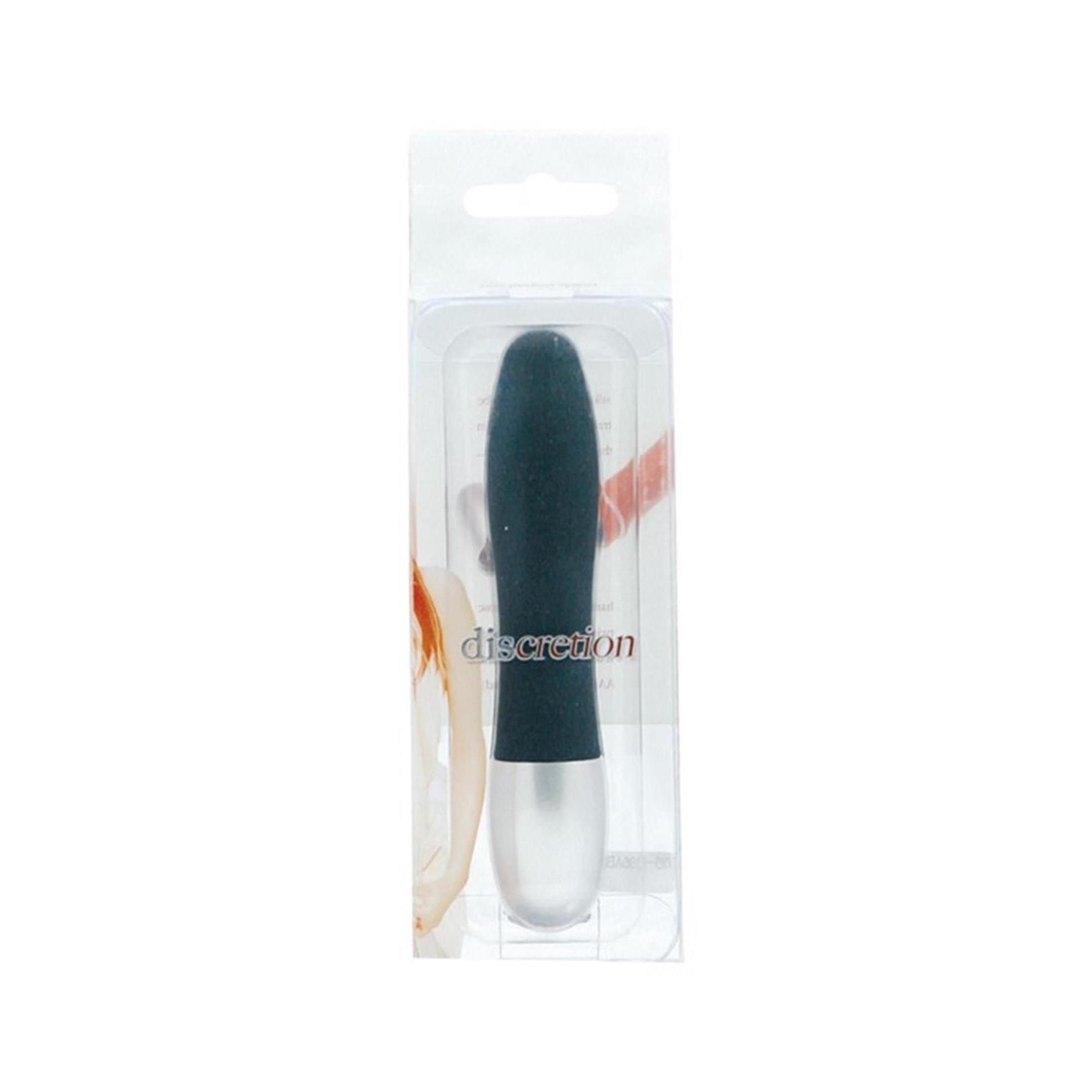 Schwarzer Vibrator mit silbernem Ende in Blisterverpackung.