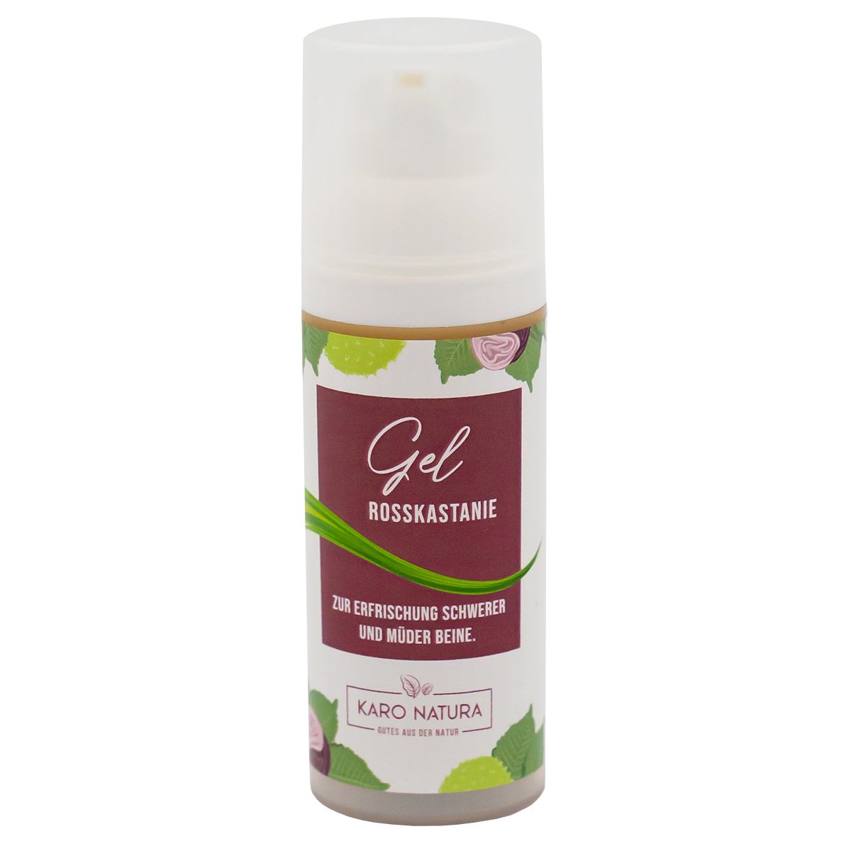 Gel-Flasche mit Etikett. Text: Gel Rosskastanie, Karo Natura. Illustrationen von Blättern und Blüten.