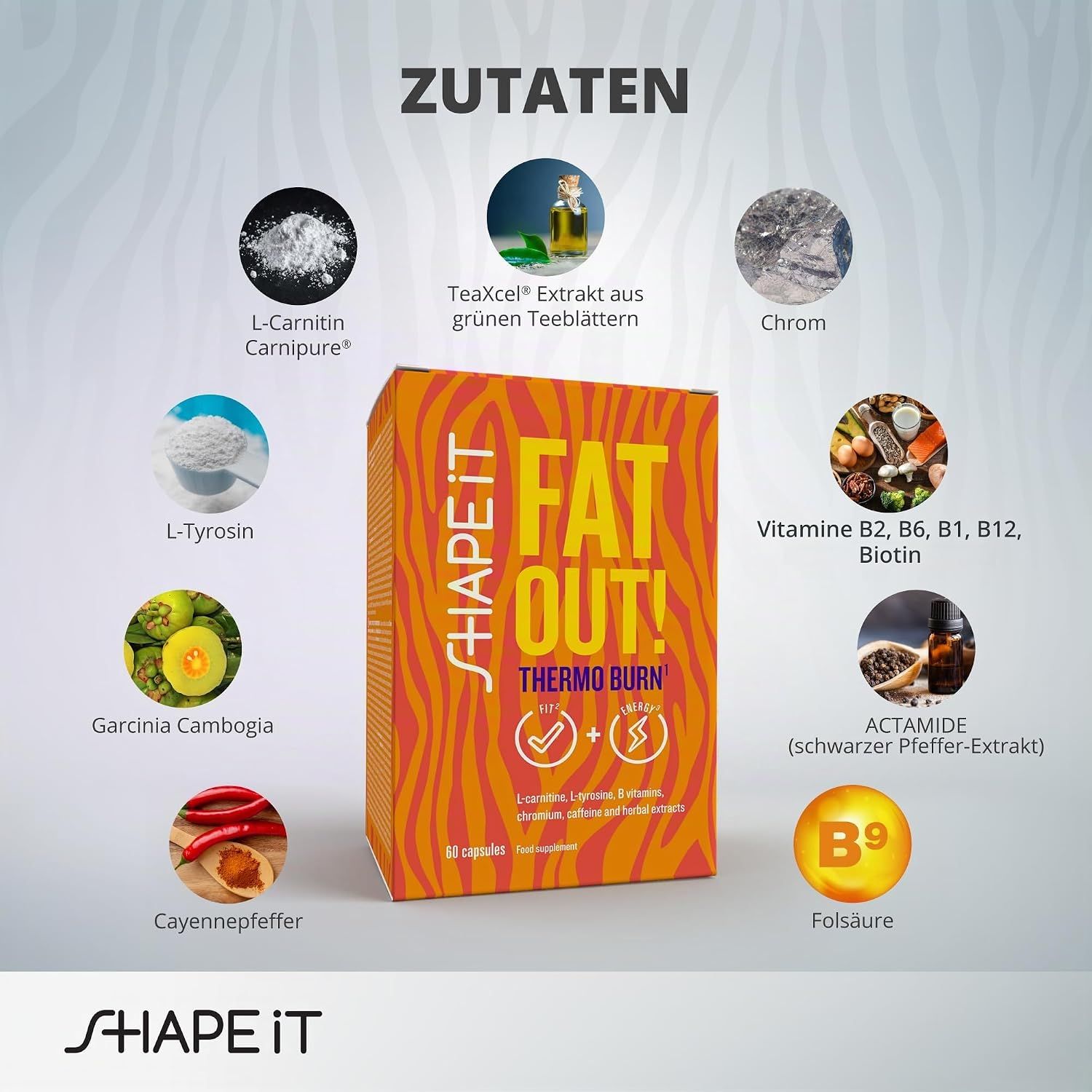 Zutatenübersicht für "FAT OUT! THERMO BURN": L-Carnitin, Grüntee, Chrom.