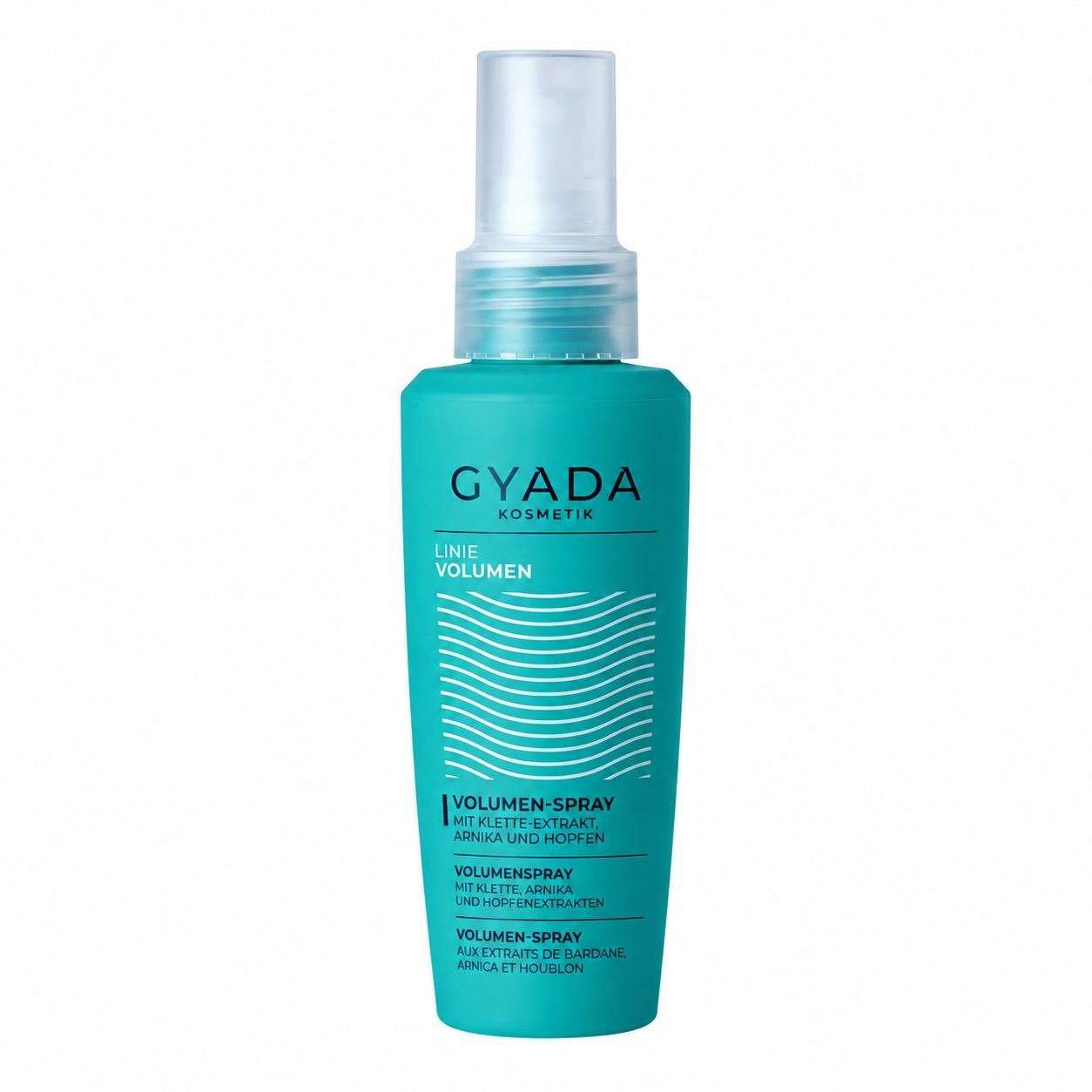Türkiser Pumpsprühflakon mit Etikett 'GYADA KOSMETIK LINIE VOLUMEN'.