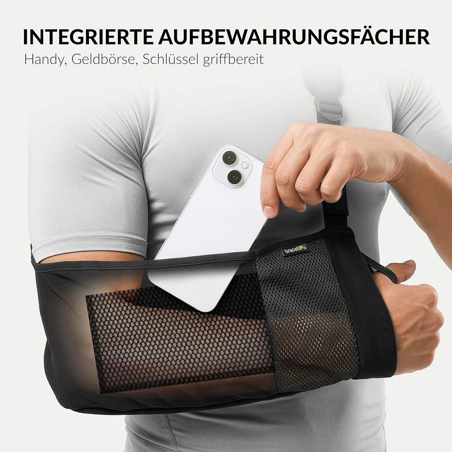 Schultergurt mit integrierten Taschen für Handy, Geldbörse, Schlüssel. Marke: BraceUP.