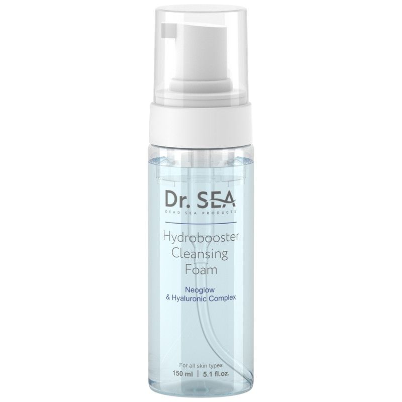 Transparente Flasche mit weißem Pumpkopf. Aufschrift: Dr. SEA, Hydrobooster Cleansing Foam, Neoglow & Hyaluronic Complex.